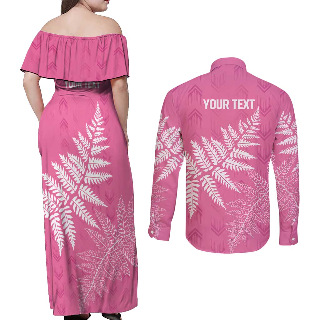 New Zealand Lawn Bowls Breast Cancer Personalized Couples Matching Off Shoulder Maxi Dress and Long Sleeve Button Shirt Wrap-Around Silver Fern - Polynesian Pride