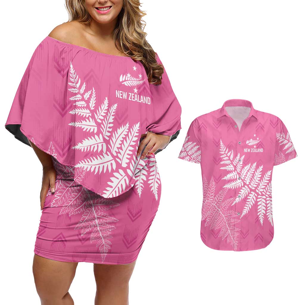 New Zealand Lawn Bowls Breast Cancer Personalized Couples Matching Off Shoulder Short Dress and Hawaiian Shirt Wrap-Around Silver Fern - Polynesian Pride