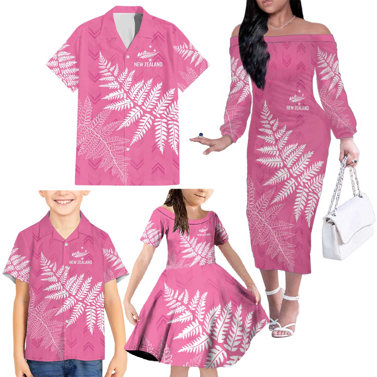 New Zealand Lawn Bowls Breast Cancer Personalized Family Matching Off The Shoulder Long Sleeve Dress and Hawaiian Shirt Wrap-Around Silver Fern - Polynesian Pride