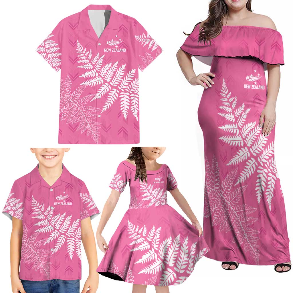 New Zealand Lawn Bowls Breast Cancer Personalized Family Matching Off Shoulder Maxi Dress and Hawaiian Shirt Wrap-Around Silver Fern - Polynesian Pride
