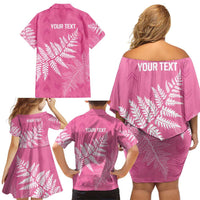 New Zealand Lawn Bowls Breast Cancer Personalized Family Matching Off Shoulder Short Dress and Hawaiian Shirt Wrap-Around Silver Fern - Polynesian Pride
