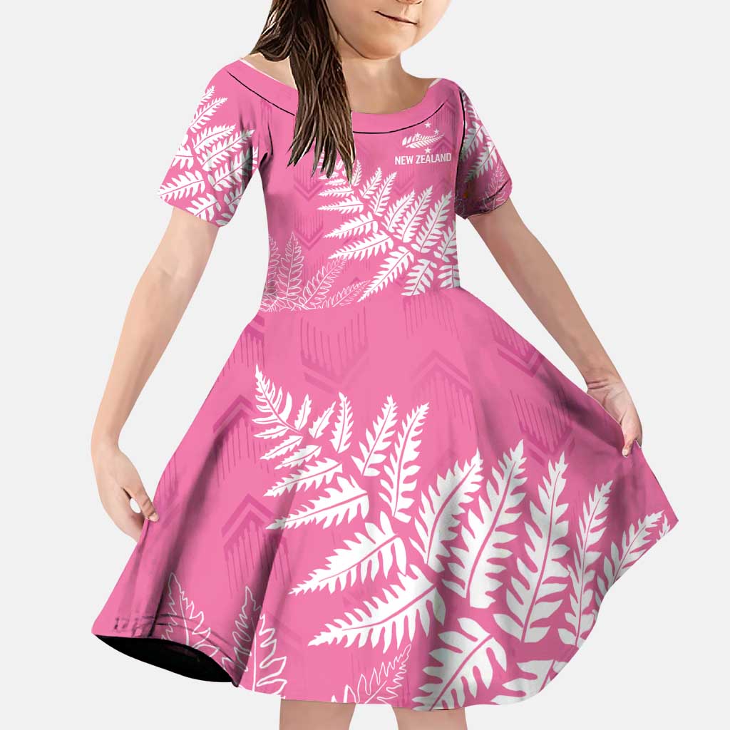 New Zealand Lawn Bowls Breast Cancer Personalized Family Matching Summer Maxi Dress and Hawaiian Shirt Wrap-Around Silver Fern LT7 Daughter's Dress Pink - Polynesian Pride
