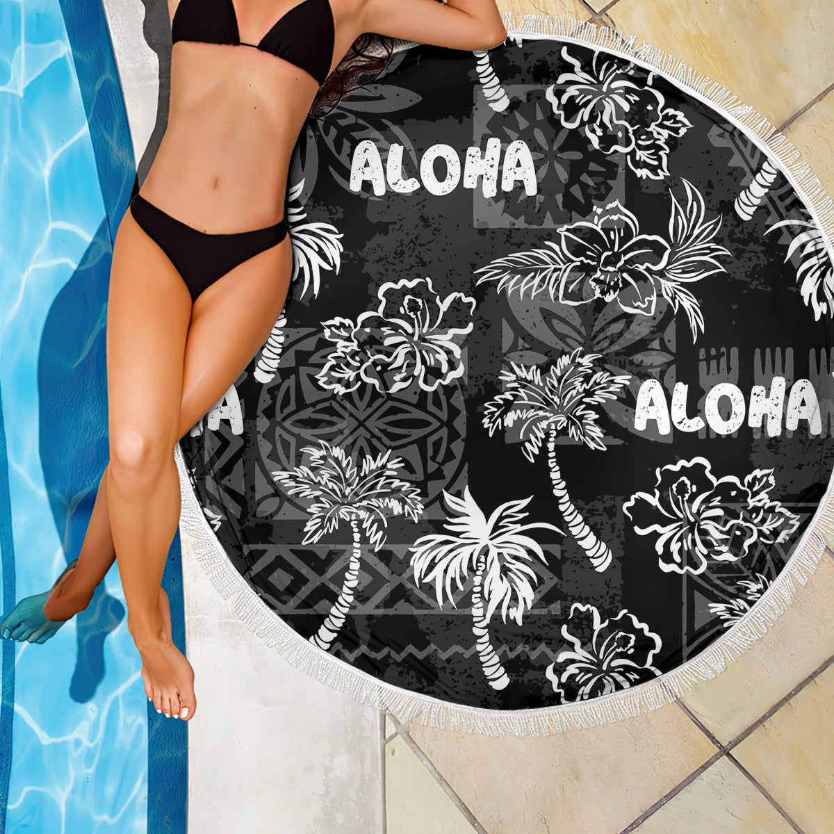 Aloha Vintage Quilt Beach Blanket Hawaiian Seamless - Black LT7 - Polynesian Pride