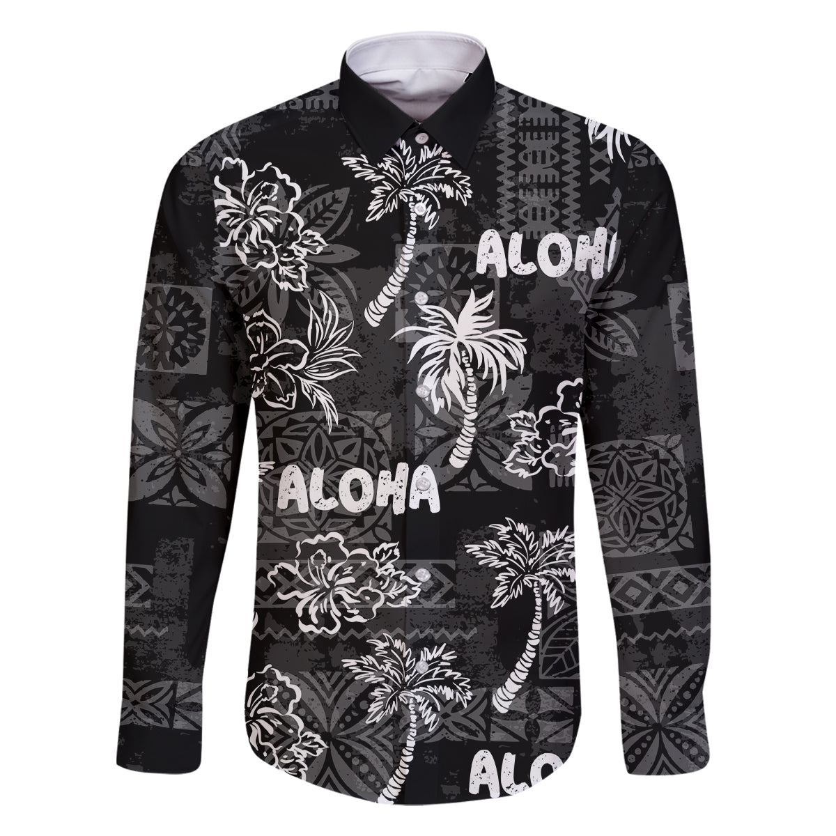 Aloha Vintage Quilt Family Matching Off Shoulder Maxi Dress and Hawaiian Shirt Hawaiian Seamless - Black LT7 Dad's Shirt - Long Sleeve Black - Polynesian Pride