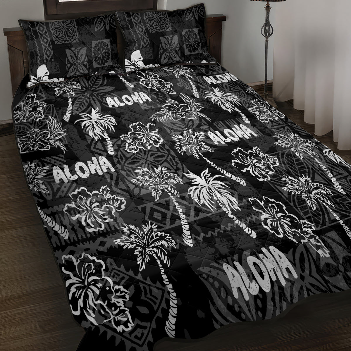 Aloha Vintage Quilt Quilt Bed Set Hawaiian Seamless - Black LT7 - Polynesian Pride