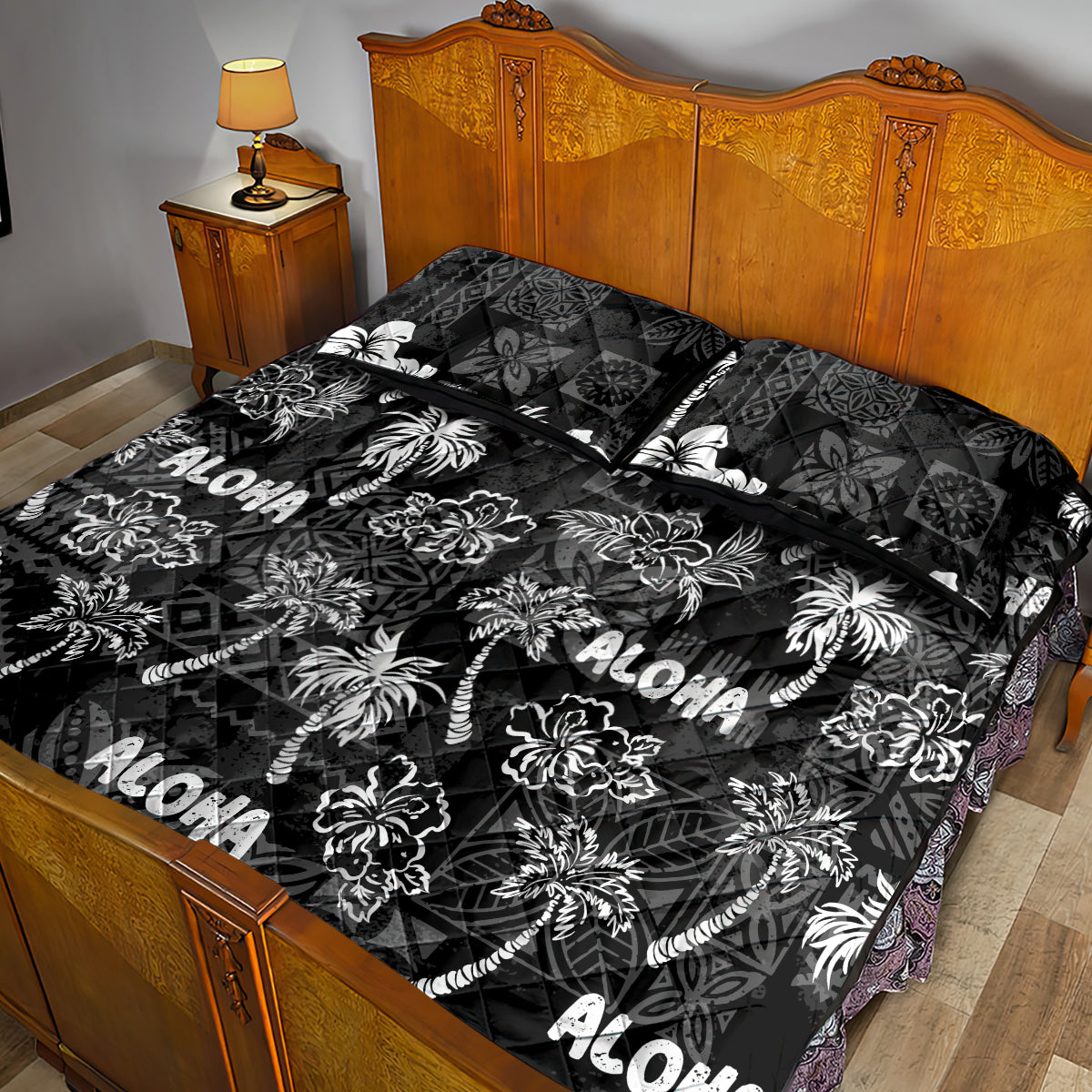 Aloha Vintage Quilt Quilt Bed Set Hawaiian Seamless - Black LT7 - Polynesian Pride