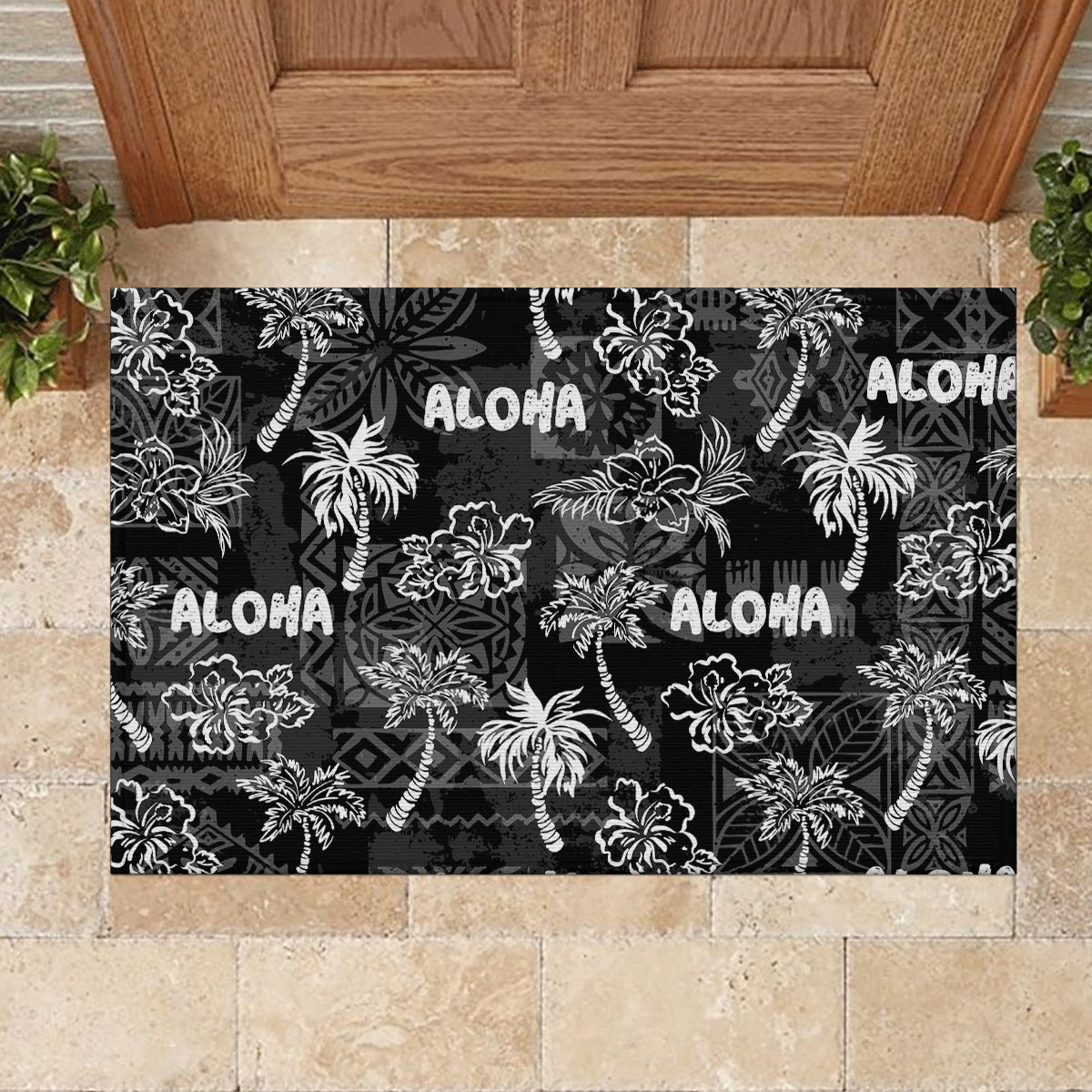 Aloha Vintage Quilt Rubber Doormat Hawaiian Seamless - Black LT7 - Polynesian Pride