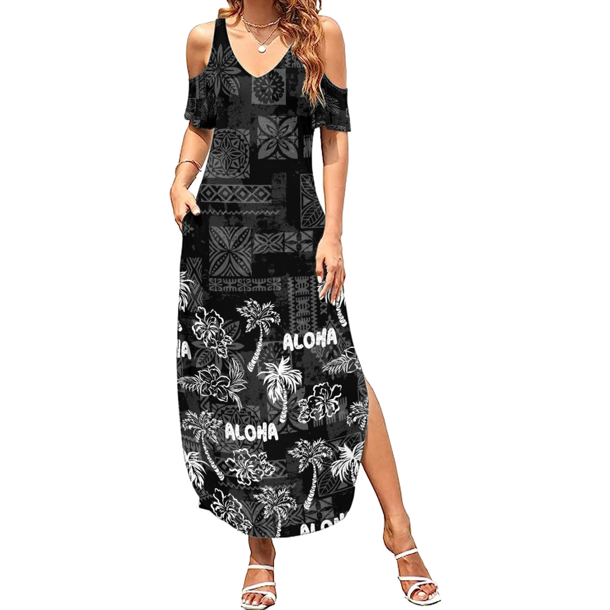 Aloha Vintage Quilt Summer Maxi Dress Hawaiian Seamless - Black LT7 Women Black - Polynesian Pride