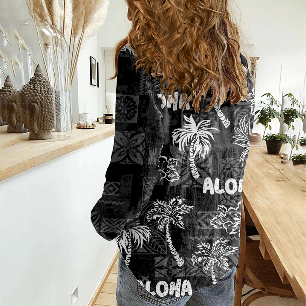 Aloha Vintage Quilt Women Casual Shirt Hawaiian Seamless - Black LT7 - Polynesian Pride