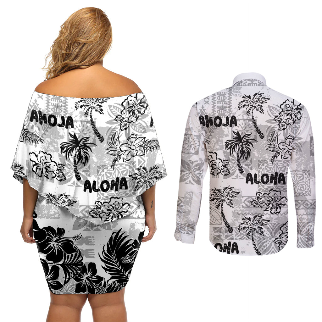 Aloha Vintage Quilt Couples Matching Off Shoulder Short Dress and Long Sleeve Button Shirt Hawaiian Seamless - White LT7 - Polynesian Pride