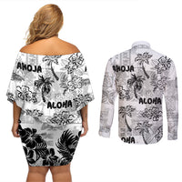 Aloha Vintage Quilt Couples Matching Off Shoulder Short Dress and Long Sleeve Button Shirt Hawaiian Seamless - White LT7 - Polynesian Pride