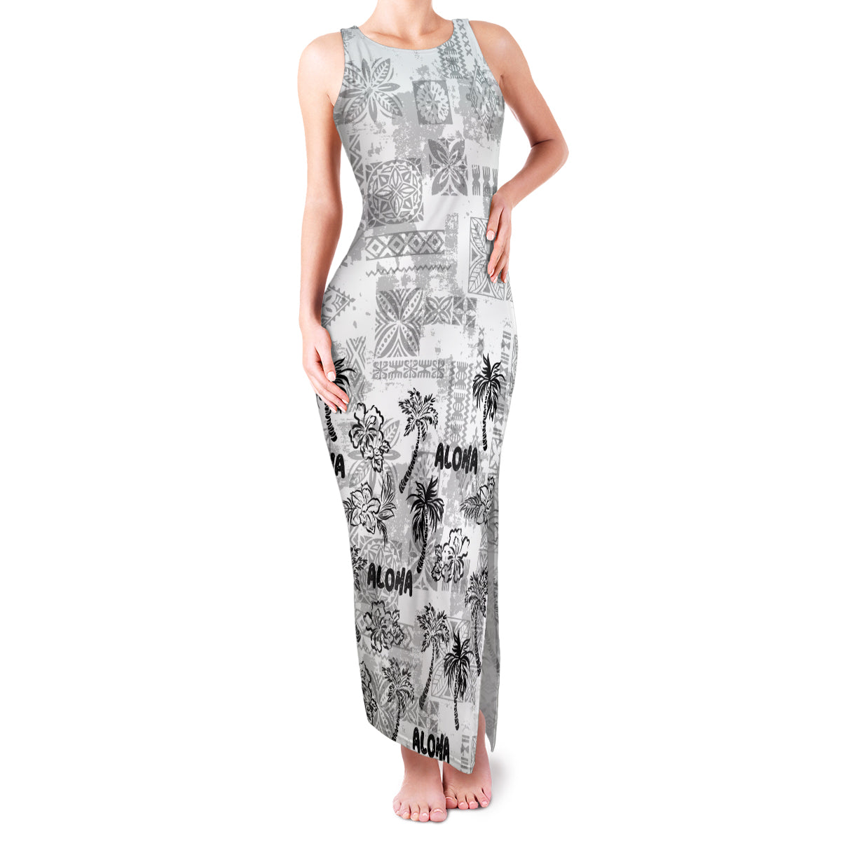 Aloha Vintage Quilt Family Matching Tank Maxi Dress and Hawaiian Shirt Hawaiian Seamless - White LT7 Mom's Dress White - Polynesian Pride