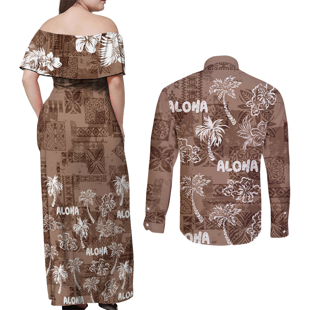Aloha Vintage Quilt Couples Matching Off Shoulder Maxi Dress and Long Sleeve Button Shirt Hawaiian Seamless - Brown LT7 - Polynesian Pride
