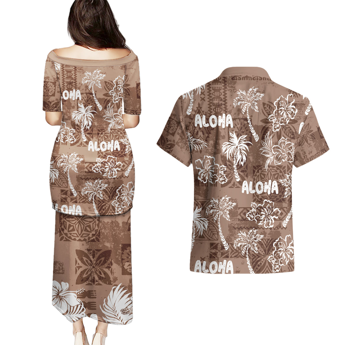 Aloha Vintage Quilt Couples Matching Puletasi Dress and Hawaiian Shirt Hawaiian Seamless - Brown LT7 - Polynesian Pride