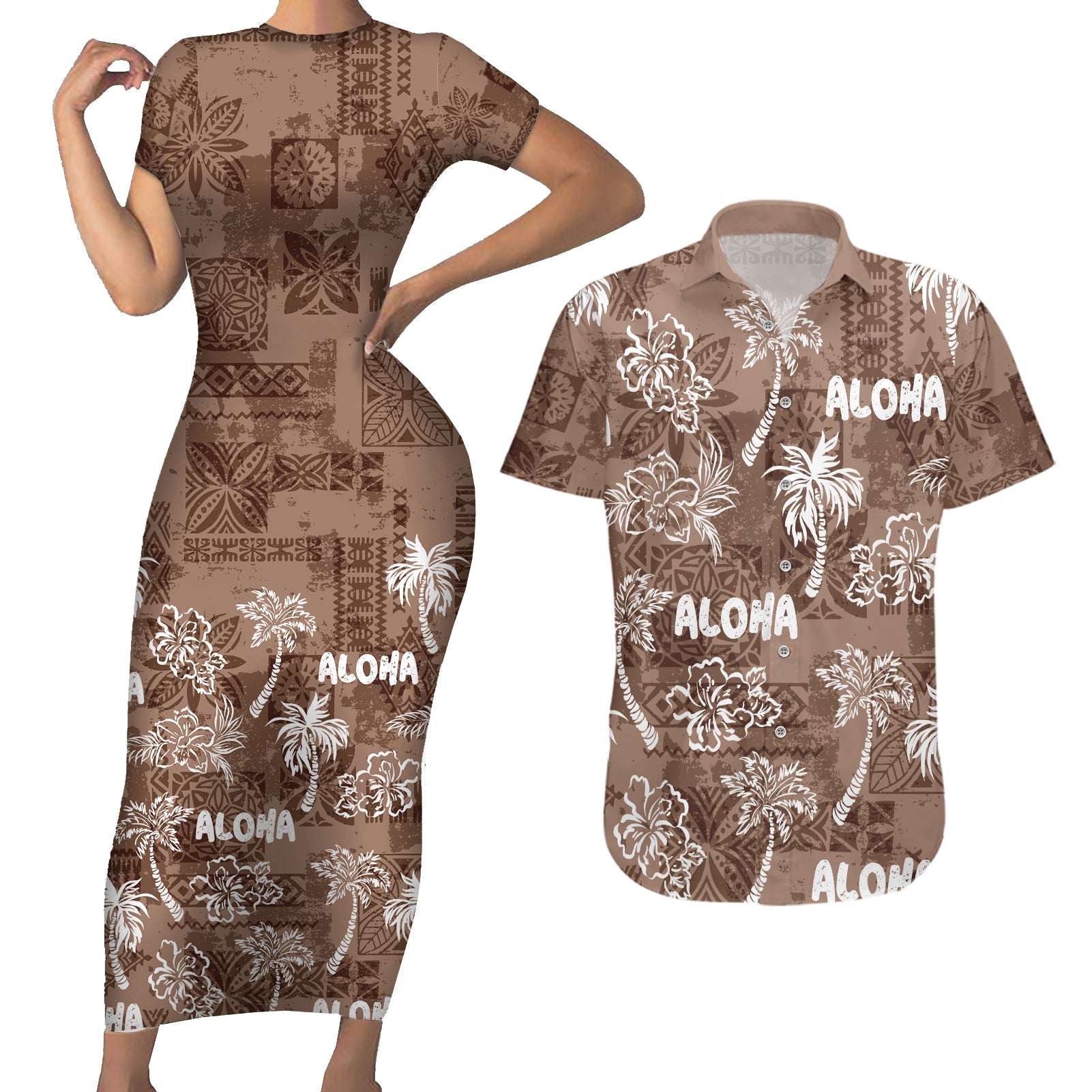 Aloha Vintage Quilt Couples Matching Short Sleeve Bodycon Dress and Hawaiian Shirt Hawaiian Seamless - Brown LT7 Brown - Polynesian Pride