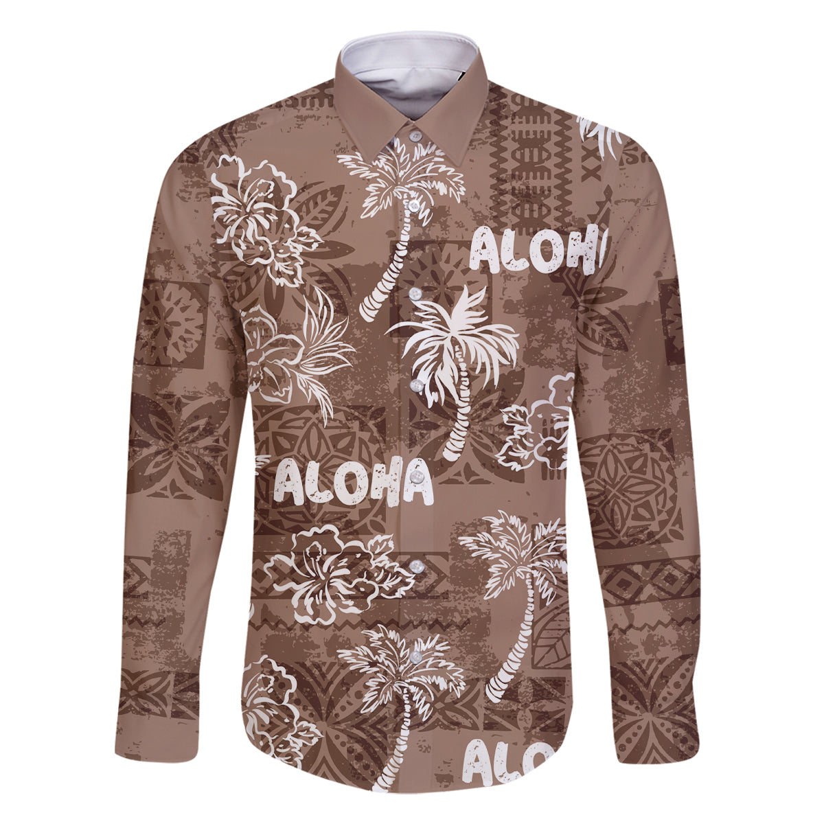 Aloha Vintage Quilt Family Matching Off Shoulder Maxi Dress and Hawaiian Shirt Hawaiian Seamless - Brown LT7 Dad's Shirt - Long Sleeve Brown - Polynesian Pride
