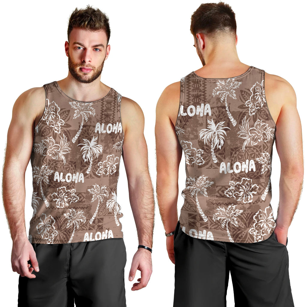 Aloha Vintage Quilt Men Tank Top Hawaiian Seamless - Brown LT7 - Polynesian Pride