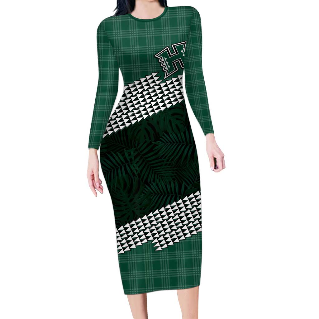 Rainbow Warriors Hawaii Personalized Palaka Long Sleeve Bodycon Dress - Polynesian Pride