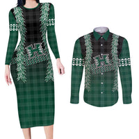 Rainbow Warriors Hawaii Palaka Couples Matching Long Sleeve Bodycon Dress and Long Sleeve Button Shirt Maile Lei - Polynesian Pride