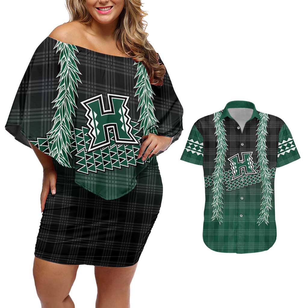 Rainbow Warriors Hawaii Palaka Couples Matching Off Shoulder Short Dress and Hawaiian Shirt Maile Lei - Polynesian Pride