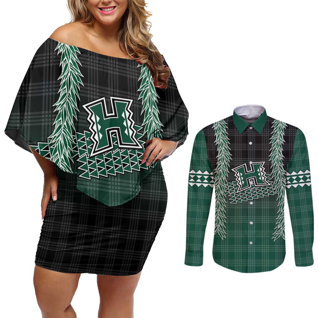 Rainbow Warriors Hawaii Palaka Couples Matching Off Shoulder Short Dress and Long Sleeve Button Shirt Maile Lei - Polynesian Pride