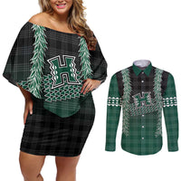 Rainbow Warriors Hawaii Palaka Couples Matching Off Shoulder Short Dress and Long Sleeve Button Shirt Maile Lei - Polynesian Pride
