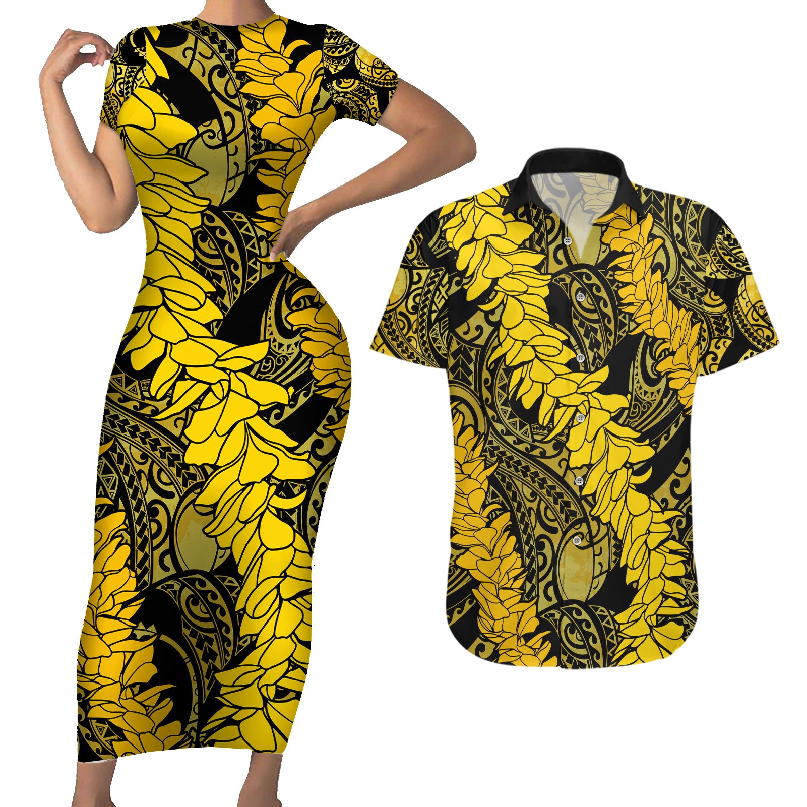 Hawaii Oahu Ilima Lei Couples Matching Short Sleeve Bodycon Dress and Hawaiian Shirt LT7 Yellow - Polynesian Pride