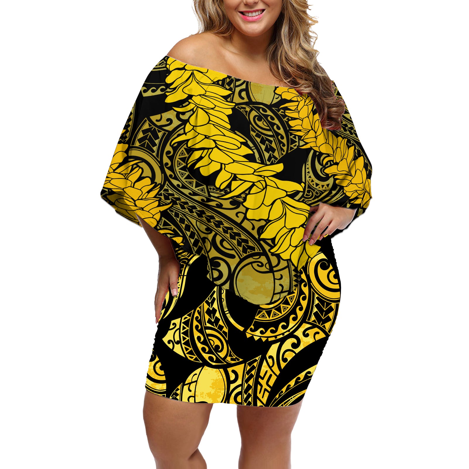 Hawaii Oahu Ilima Lei Off Shoulder Short Dress LT7 Women Yellow - Polynesian Pride