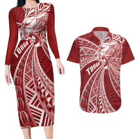 Tonga Independence Day Couples Matching Long Sleeve Bodycon Dress and Hawaiian Shirt Tongatapu Lion Ngatu Motifs LT7 Red - Polynesian Pride