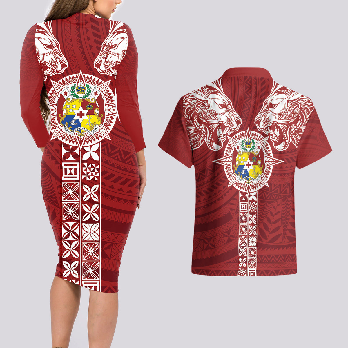 Tonga Independence Day Couples Matching Long Sleeve Bodycon Dress and Hawaiian Shirt Tongatapu Lion Ngatu Motifs LT7 - Polynesian Pride