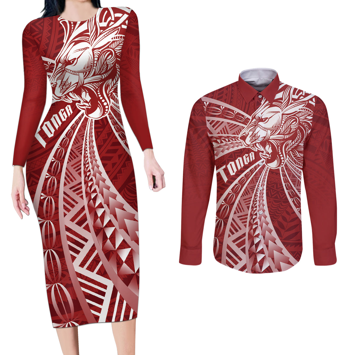 Tonga Independence Day Couples Matching Long Sleeve Bodycon Dress and Long Sleeve Button Shirt Tongatapu Lion Ngatu Motifs LT7 Red - Polynesian Pride