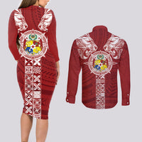 Tonga Independence Day Couples Matching Long Sleeve Bodycon Dress and Long Sleeve Button Shirt Tongatapu Lion Ngatu Motifs LT7 - Polynesian Pride