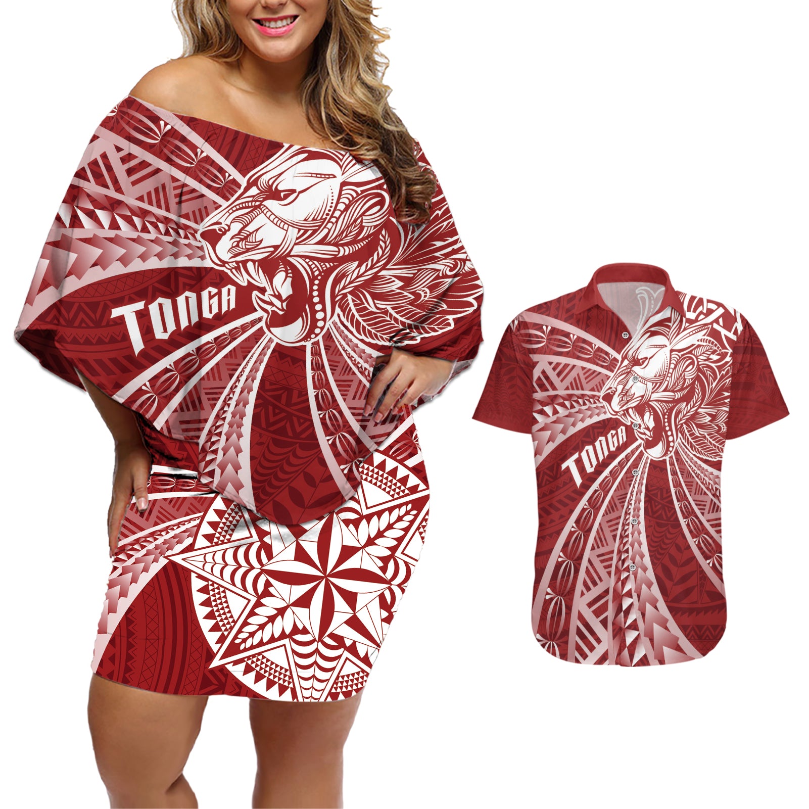 Tonga Independence Day Couples Matching Off Shoulder Short Dress and Hawaiian Shirt Tongatapu Lion Ngatu Motifs