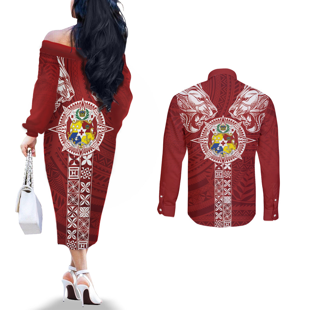 Tonga Independence Day Couples Matching Off The Shoulder Long Sleeve Dress and Long Sleeve Button Shirt Tongatapu Lion Ngatu Motifs LT7 - Polynesian Pride