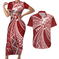 Tonga Independence Day Couples Matching Short Sleeve Bodycon Dress and Hawaiian Shirt Tongatapu Lion Ngatu Motifs LT7 Red - Polynesian Pride