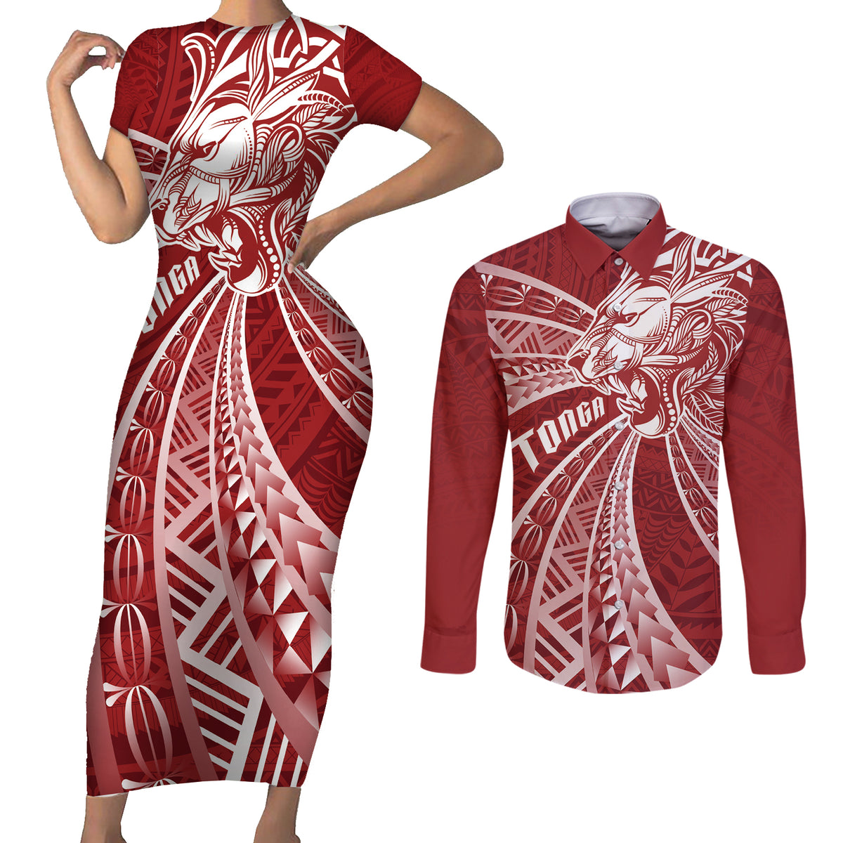 Tonga Independence Day Couples Matching Short Sleeve Bodycon Dress and Long Sleeve Button Shirt Tongatapu Lion Ngatu Motifs LT7 Red - Polynesian Pride
