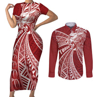 Tonga Independence Day Couples Matching Short Sleeve Bodycon Dress and Long Sleeve Button Shirt Tongatapu Lion Ngatu Motifs LT7 Red - Polynesian Pride