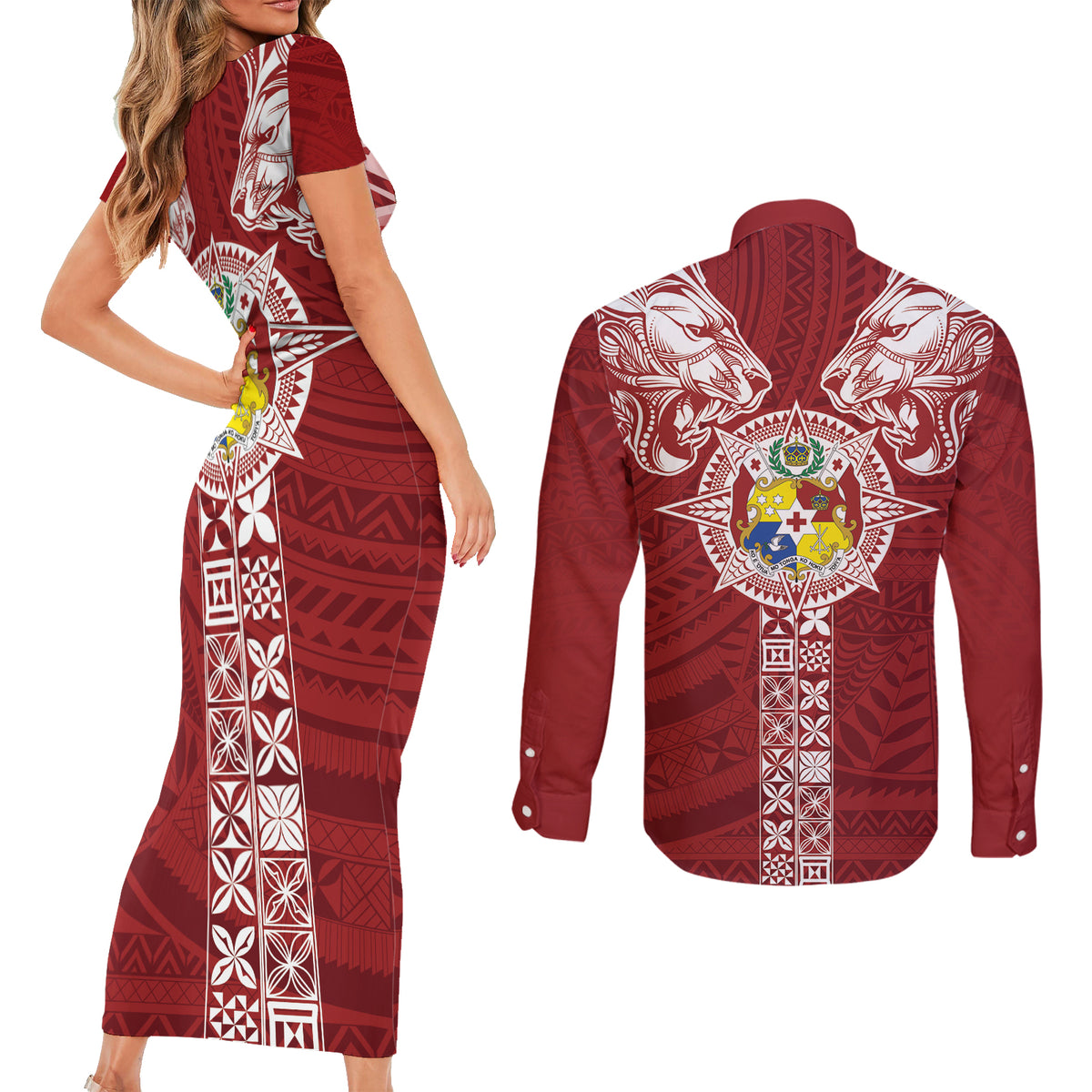 Tonga Independence Day Couples Matching Short Sleeve Bodycon Dress and Long Sleeve Button Shirt Tongatapu Lion Ngatu Motifs LT7 - Polynesian Pride