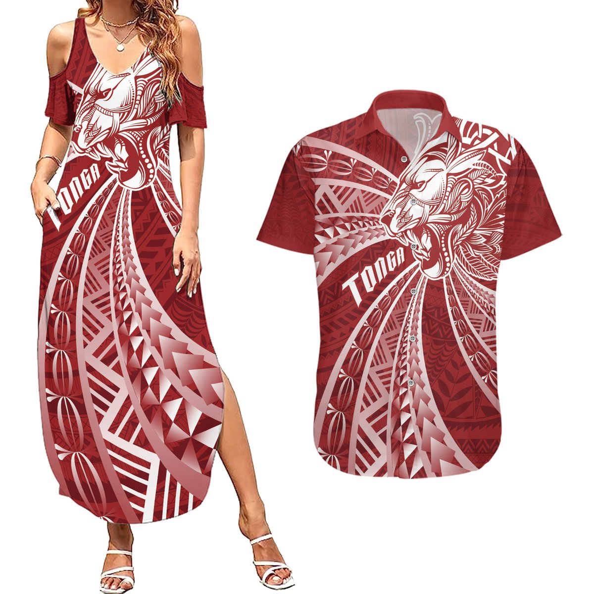 Tonga Independence Day Couples Matching Summer Maxi Dress and Hawaiian Shirt Tongatapu Lion Ngatu Motifs LT7 Red - Polynesian Pride