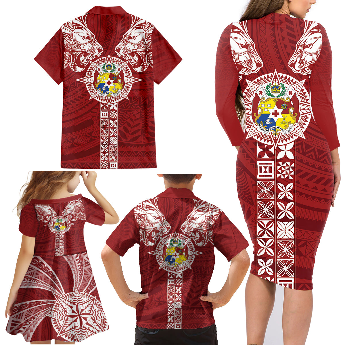 Tonga Independence Day Family Matching Long Sleeve Bodycon Dress and Hawaiian Shirt Tongatapu Lion Ngatu Motifs LT7 - Polynesian Pride