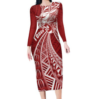 Tonga Independence Day Family Matching Long Sleeve Bodycon Dress and Hawaiian Shirt Tongatapu Lion Ngatu Motifs LT7 Mom's Dress Red - Polynesian Pride