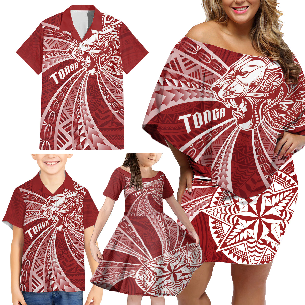 Tonga Independence Day Family Matching Off Shoulder Short Dress and Hawaiian Shirt Tongatapu Lion Ngatu Motifs