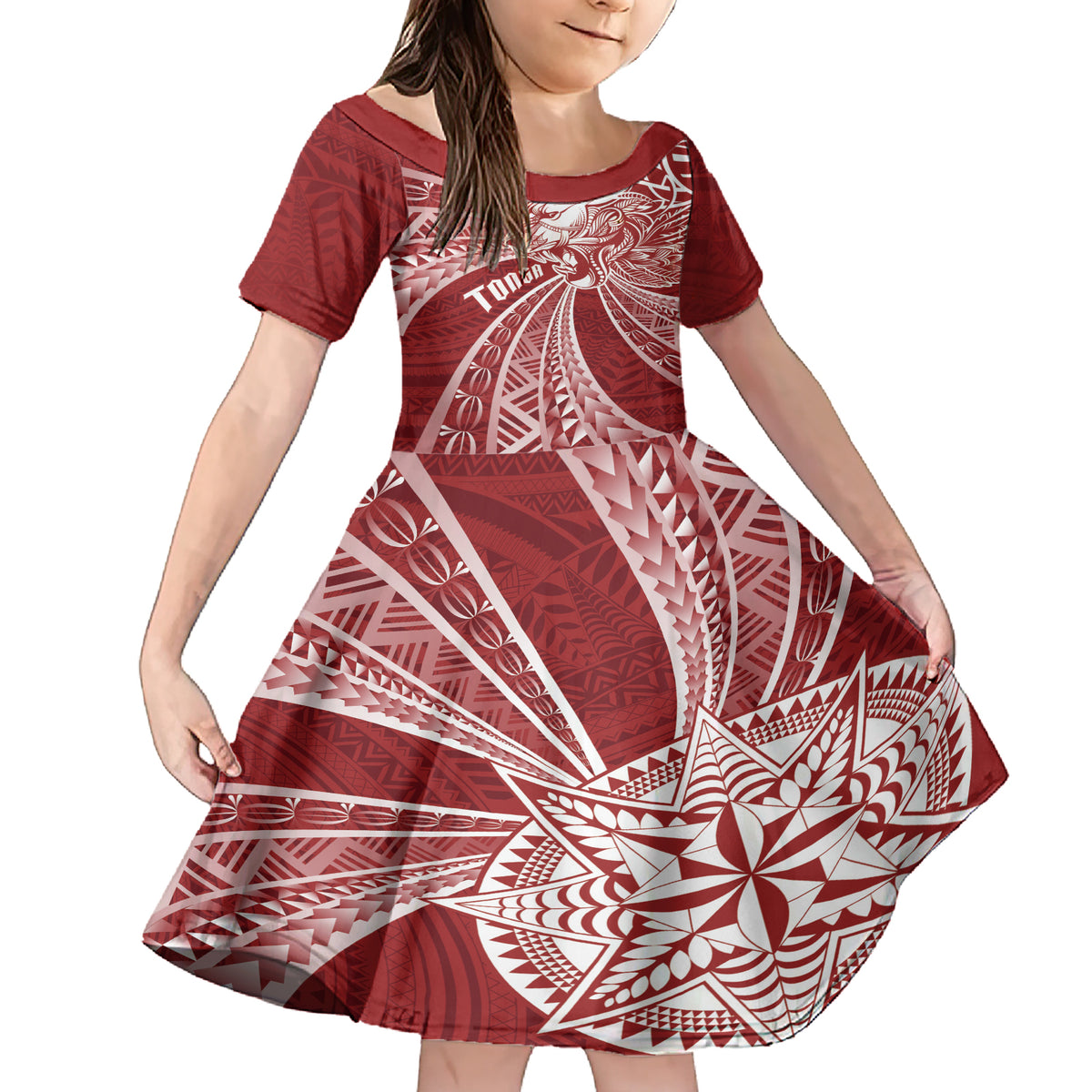 Tonga Independence Day Family Matching Short Sleeve Bodycon Dress and Hawaiian Shirt Tongatapu Lion Ngatu Motifs LT7 Daughter's Dress Red - Polynesian Pride