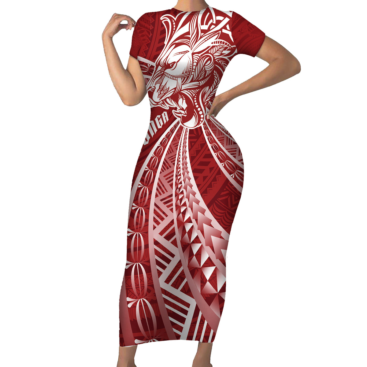 Tonga Independence Day Family Matching Short Sleeve Bodycon Dress and Hawaiian Shirt Tongatapu Lion Ngatu Motifs LT7 Mom's Dress Red - Polynesian Pride