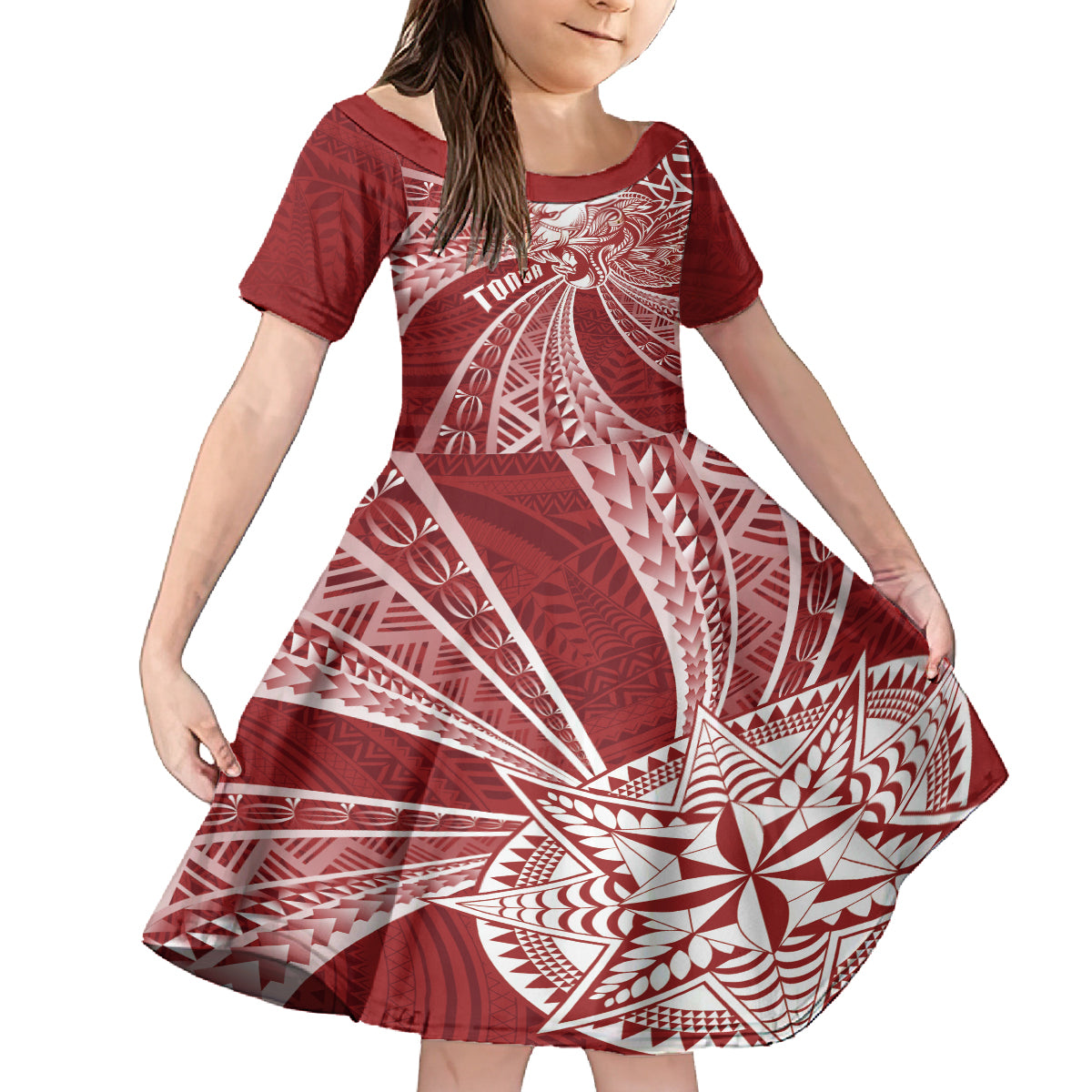 Tonga Independence Day Family Matching Summer Maxi Dress and Hawaiian Shirt Tongatapu Lion Ngatu Motifs LT7 Daughter's Dress Red - Polynesian Pride