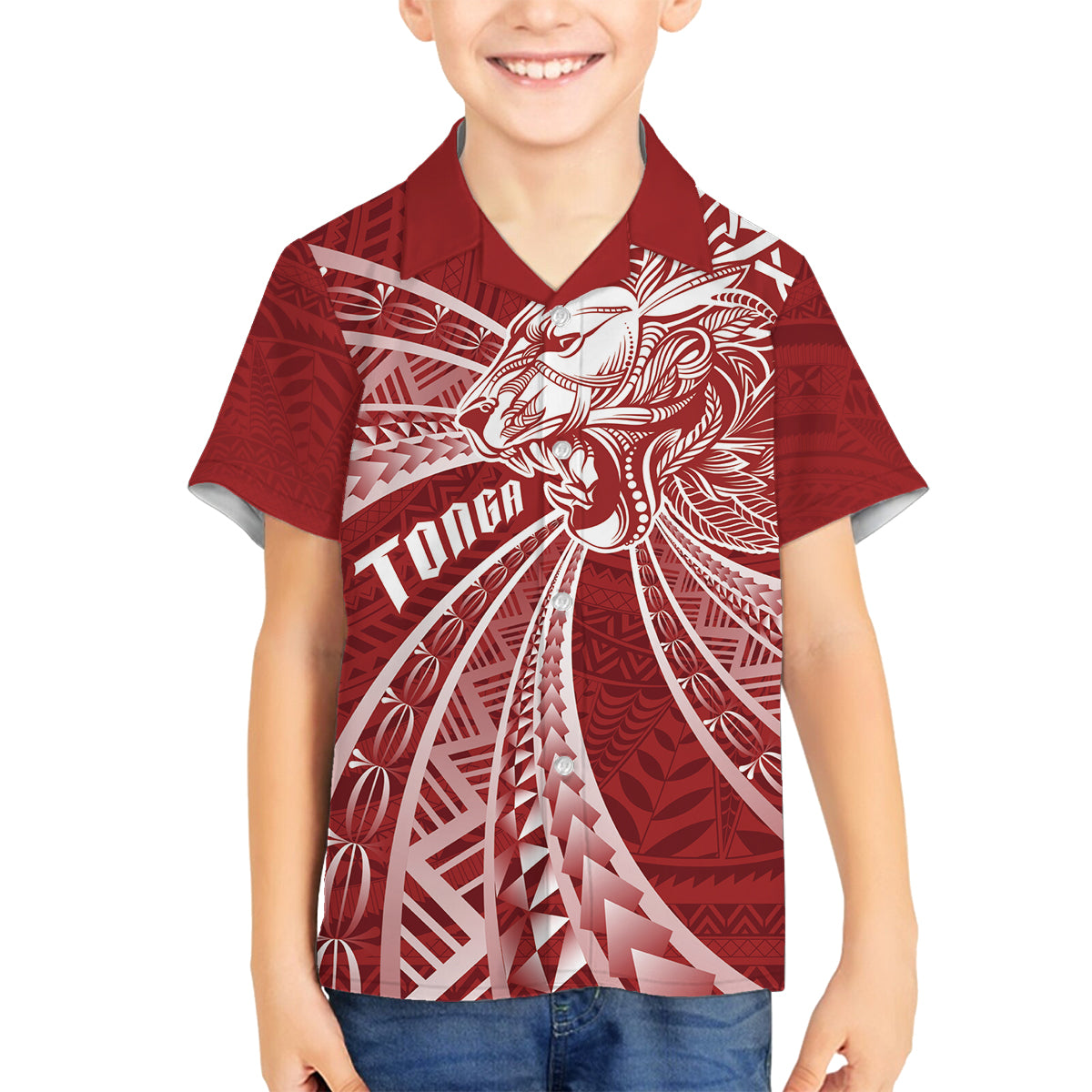 Tonga Independence Day Family Matching Summer Maxi Dress and Hawaiian Shirt Tongatapu Lion Ngatu Motifs LT7 Son's Shirt Red - Polynesian Pride
