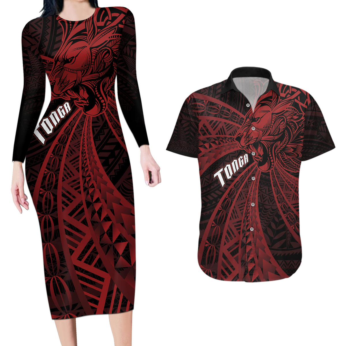 Tonga Independence Day Couples Matching Long Sleeve Bodycon Dress and Hawaiian Shirt Tongatapu Lion Ngatu Motifs Black Ver. LT7 Black - Polynesian Pride