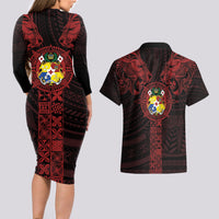 Tonga Independence Day Couples Matching Long Sleeve Bodycon Dress and Hawaiian Shirt Tongatapu Lion Ngatu Motifs Black Ver. LT7 - Polynesian Pride
