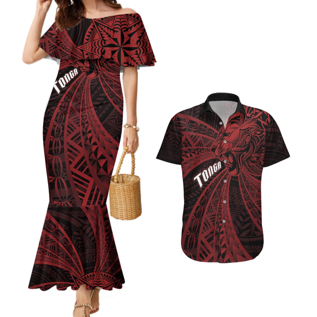 Tonga Independence Day Couples Matching Mermaid Dress and Hawaiian Shirt Tongatapu Lion Ngatu Motifs Black Ver. LT7 Black - Polynesian Pride