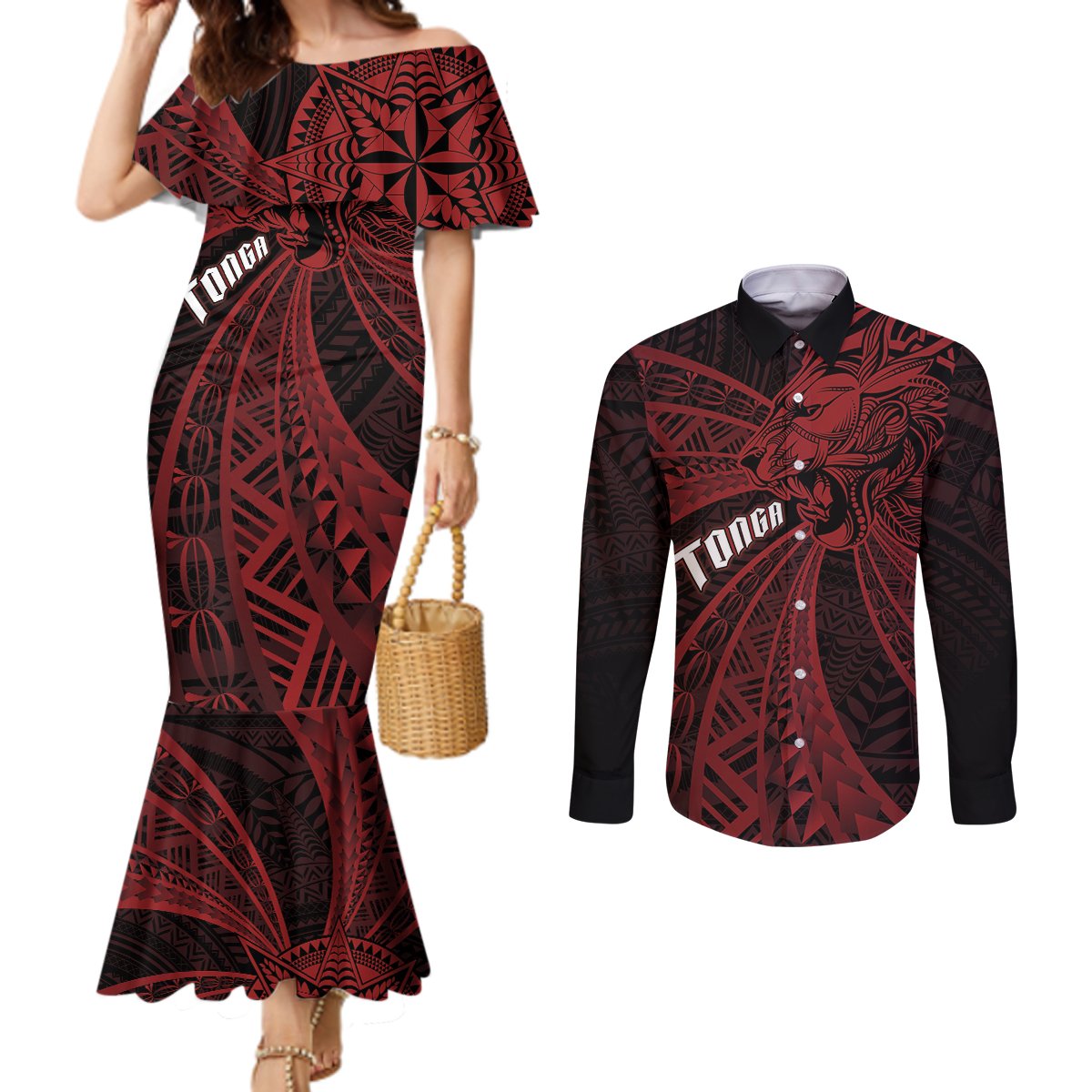 Tonga Independence Day Couples Matching Mermaid Dress and Long Sleeve Button Shirt Tongatapu Lion Ngatu Motifs Black Ver. LT7 Black - Polynesian Pride